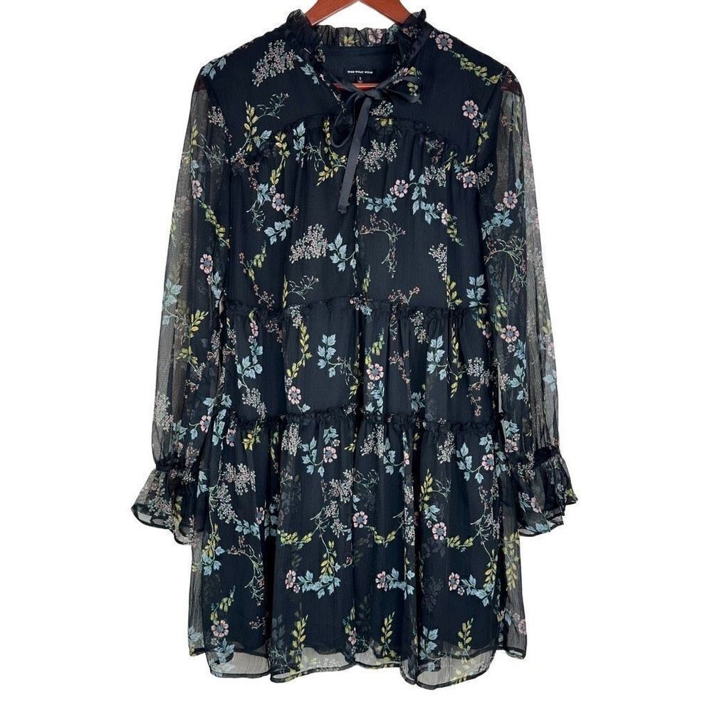 Who What Wear Womens Black Tiered Floral Mini Dress w Longsleeves Small Girlcore